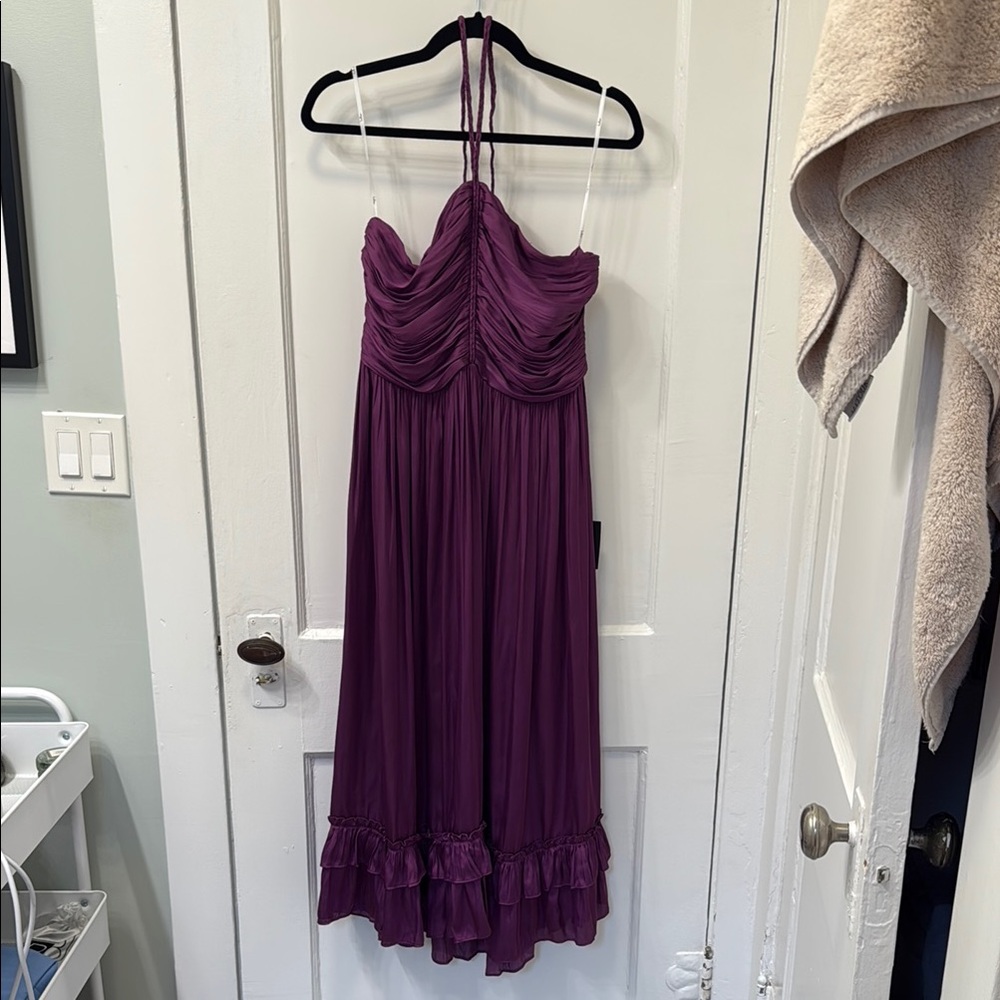 Lulu's Pleasing Chicness Purple Satin Halter Tiered Midi Dress